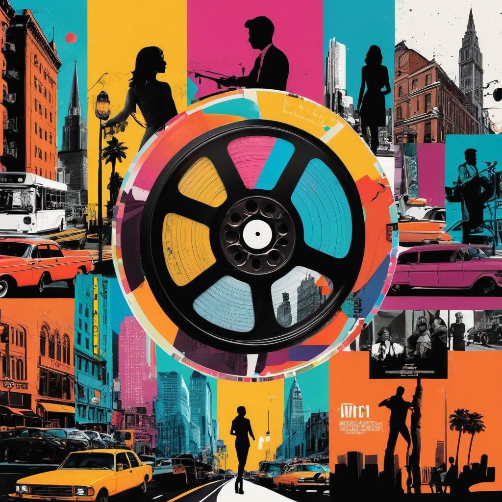 A vibrant collage of pop culture elements, including a film reel, music notes, and iconic celebrity silhouettes, set against a backdrop of a bustling cityscape. Highlight diverse media like albums, movie posters, and television screens showing trending shows. Incorporate bright colors to evoke excitement and energy, featuring a modern digital aesthetic. vector art. vibrant colors. white background.