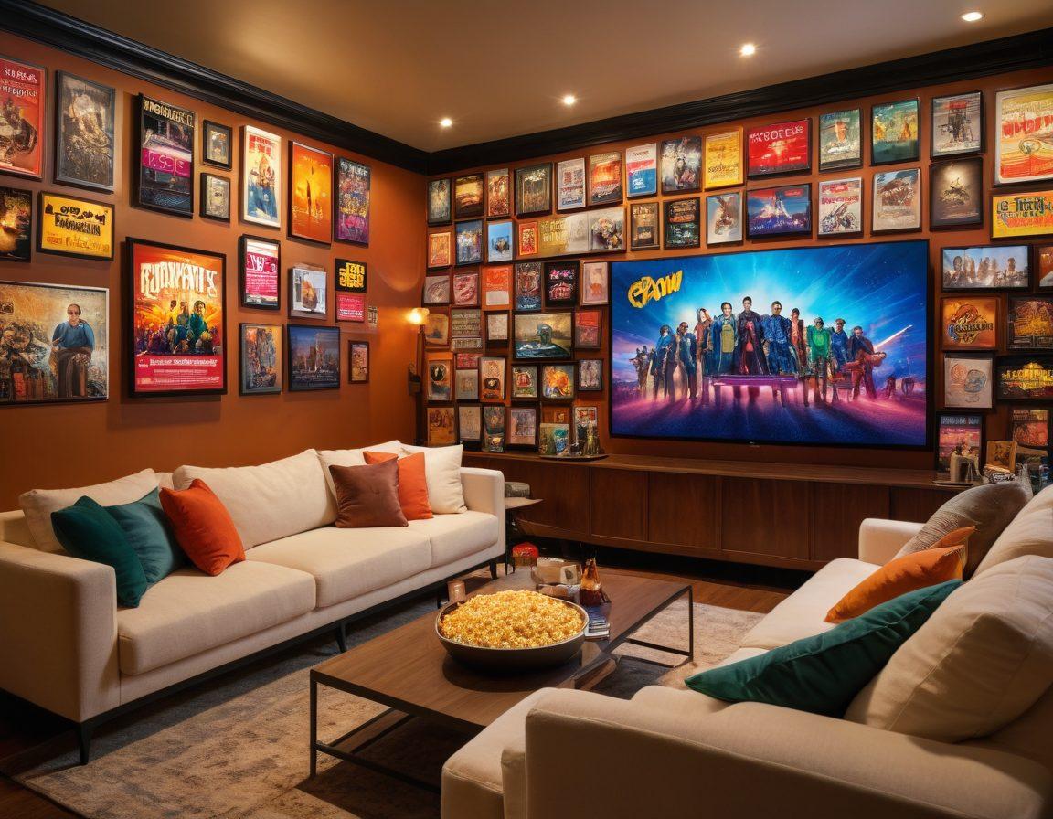 A cozy living room setting featuring a large screen displaying various streaming platforms like Netflix and Hulu. A person lounging on a plush couch, holding a remote, surrounded by popcorn, and a variety of movie posters on the walls. The warm ambiance should suggest a perfect movie night. Illustrate a soft glow from the screen illuminating the room. super-realistic. vibrant colors. warm lighting.