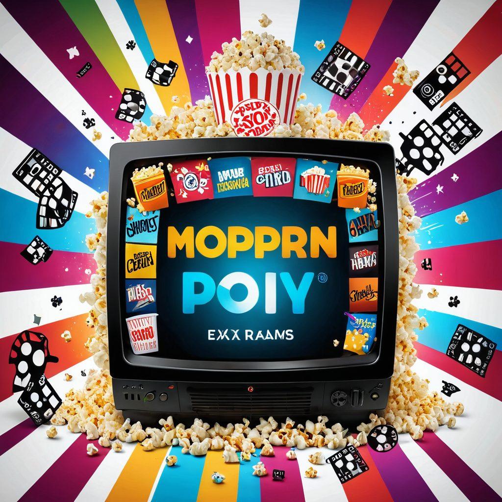 A vibrant collage showcasing diverse entertainment elements such as a glowing television screen displaying various trending shows, dynamic streaming platforms icons, popcorn, a film reel, and a smartphone with digital content. The background should radiate excitement with bright colors and subtle musical notes to emphasize the theme of entertainment. super-realistic. vibrant colors. white background.